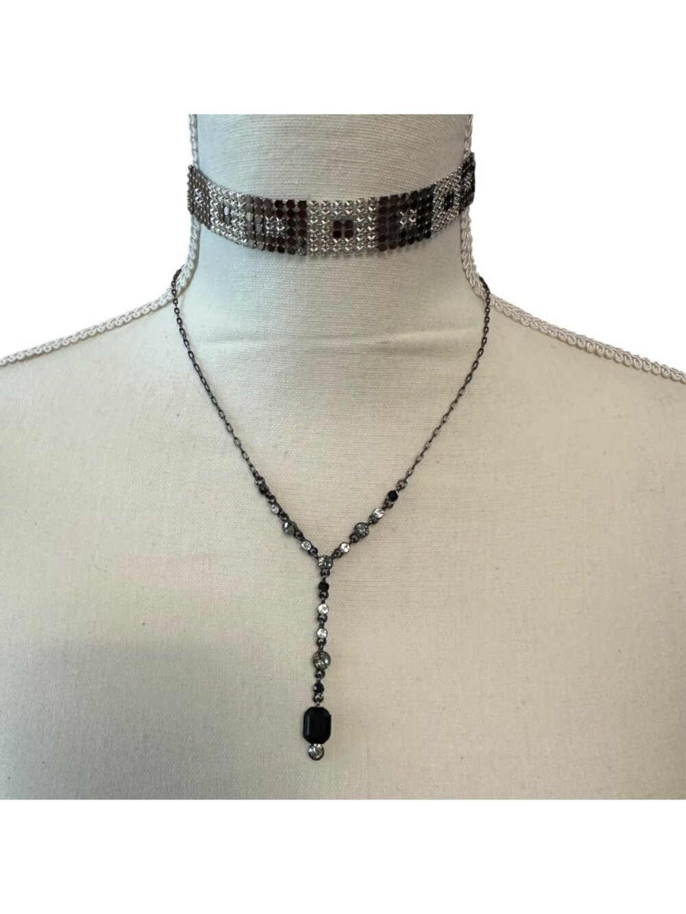 Givenchy Soft Mesh Choker Collar & Y Drop Black Crystal Necklace Signed Lot of 2